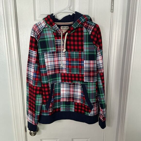 Lands’ End Serious Sweats Patchwork Plaid Hoodie Men’s Medium - Picture 1 of 12